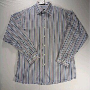 Arrow Button Up Mens Large Blue Orange Stripe Cotton Blend Long Sleeve Shirt